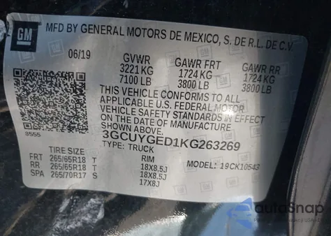 2019 Chevrolet Silverado 1500 Ltz from USA, damaged, VIN 3GCUYGED1KG263269